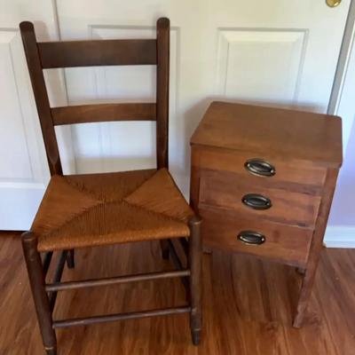 Wooden Chair with Rush Seat and Sewing Storage Cabinet