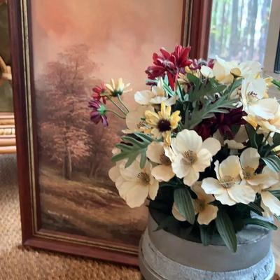 Framed Landscape Painting and Vintage Wagon Wheel Hub