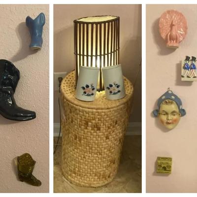 Porcelain Wall Pockets, Woven Hamper & Accent Lamp