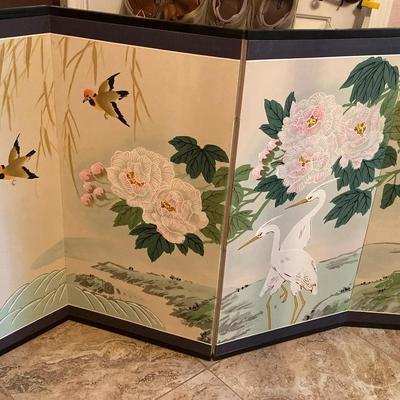 Hand-Painted Japanese Folding Screen with Birds, Florals, and Cranes