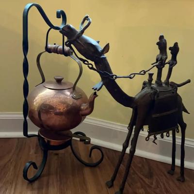 Decorative Copper Water Kettle and Metal Camel Sculpture