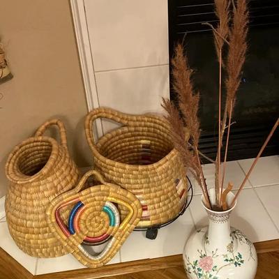 Handwoven Baskets, Triangular Woven Tray & Porcelain Vase with Dried Arrangement