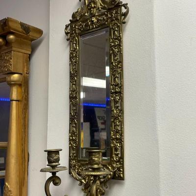 BRASS BEVELED GLASS MIRROR CANDLESTICK WALL SCONCE