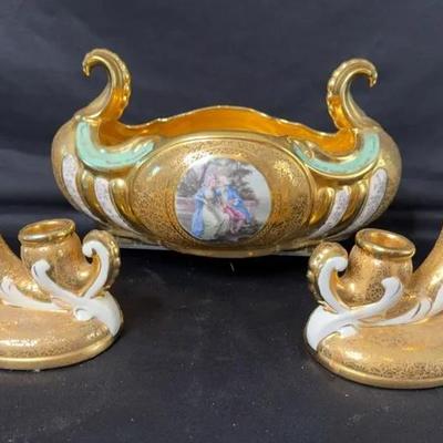 Lemieux Porcelain Gilded Gondola Bowl And Candelabras 
