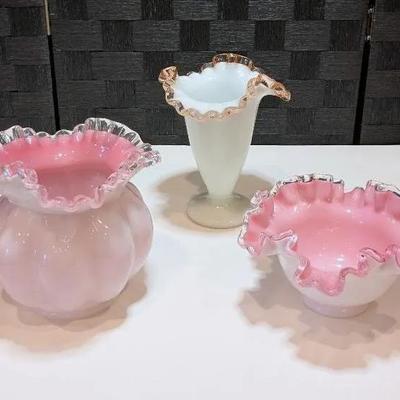 Fenton Peach Crest Melon Vase, Ruffled Bowl & Milk Glass Ruffle Vase (All Fenton)