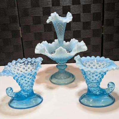 Fenton Hobnail Blue Opalescent Cornucopia Vases (2) & Fenton Sea Blue Epergne