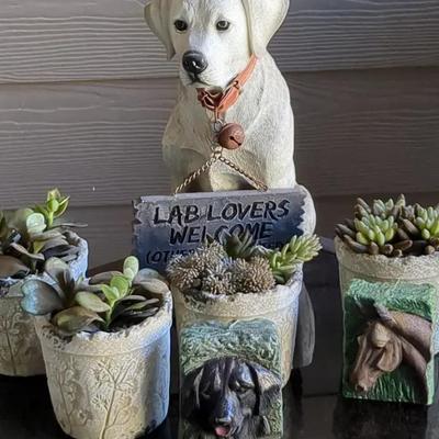 Labrador Garden Decor, 4 Potted Faux Succulents and Horse/Lab Candles 