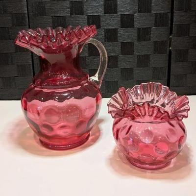 Fenton Cranberry Diamond Optic Ruffled Melon Vase & Fenton Cranberry Ruffle Top Pitcher