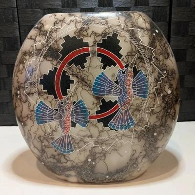 Large Navajo Horsehair Vase W/ Hummingbird Design (Signed) 