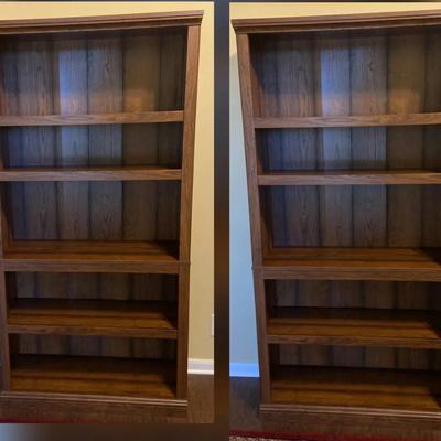 Pair of Brown Wooden Bookcases (Each 70”x35”x12”)
