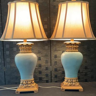 Pair of Blue Jar Shaped Lamps with Fabric Shades
