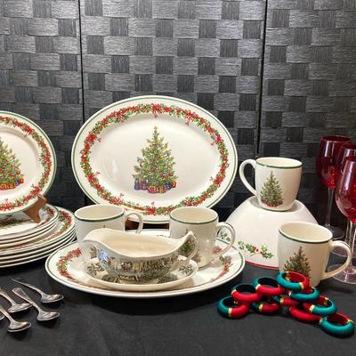 Traditions - Holiday Celebrations Dinner Plates (4), Salad Plates (4), Mugs (4) - Stemware (5)  
