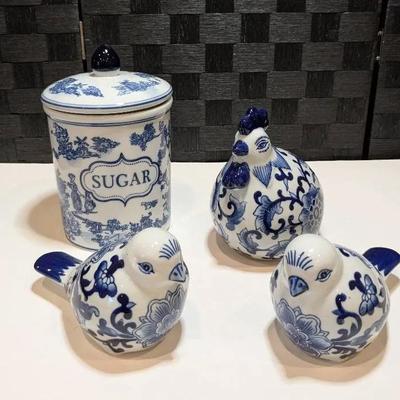 Blue & White Birds, Chicken & Sugar Canister 