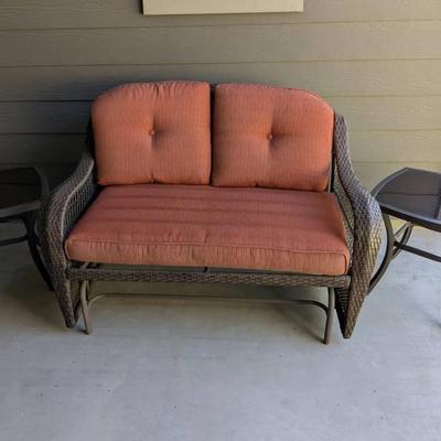 Wicker Glider 2 Seater with Orange & 2 Side Tempered Glass Top Tables 