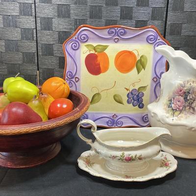 Decorative Fruit Bowl W/ Faux Fruits, Medici Plate, Washstand Pitcher & Rosenthal Gravy Boat