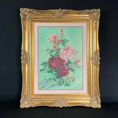 Framed Oil Painting Of Pink Roses