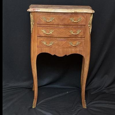 Louis XV Style Inlaid Wood Bedside Table With Marble Top