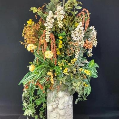 Large Artificial Floral Arrangment In Plaster Fruit Planter 