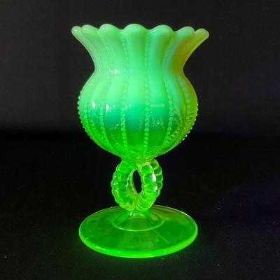 Northwood Opalescent Uranium Glass Beaded Panels Rose Bowl Vase