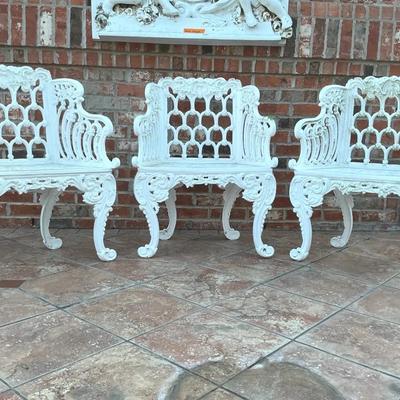 Three White Cast Iron Square Seated Chairs  
