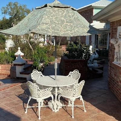 White Cast Iron Patio Table Chairs & Umbrella 