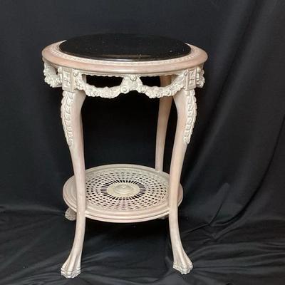 White Washed Wood Side Table With Rattan And Granite