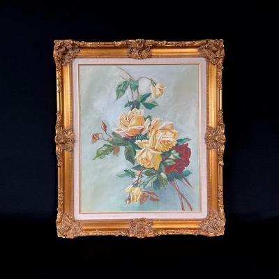 Framed Oil Painting Of Yellow Roses