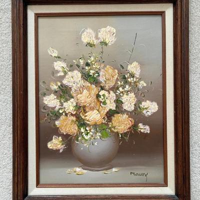 Framed Floral Bouquet Oil Painting, Signed By Maury (21” X 17”)