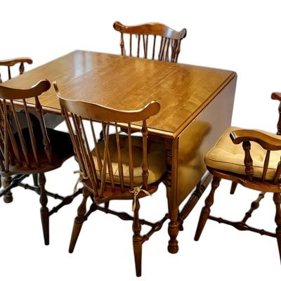 Wooden Drop Leaf Dining Table w/ 5 Windsor Back Chairs