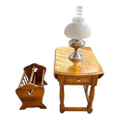 Drop Leaf Wooden Table, Magazine Rack, & Oil Lamp