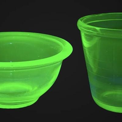 Hazel Atlas Uranium Glass Measuring Cup & Small Mixing Bowl