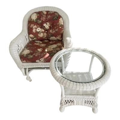 White Wicker Glider Chair & Side Table 