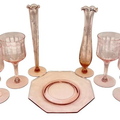 Pink Depression Glass Bud Vases, Luncheon Plate, & Wine Goblets