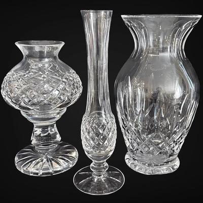 Waterford Crystal Hurricane Lamp, Flower Vase, & Bud Vase
