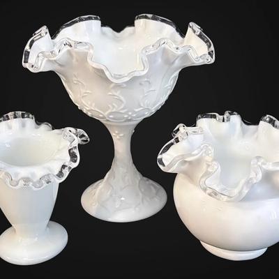 Fenton Spanish Lace Compote & Silver Crest Milk Glass Vases