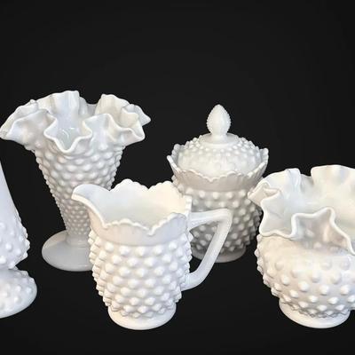 Fenton Hobnail Milk Glass Bud Vase, Ruffled Bowl, & More