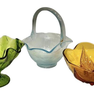 L.E. Smith Green Handkerchief Glass Compote, Ribbed Blue Basket, & Amber Flower Bowl