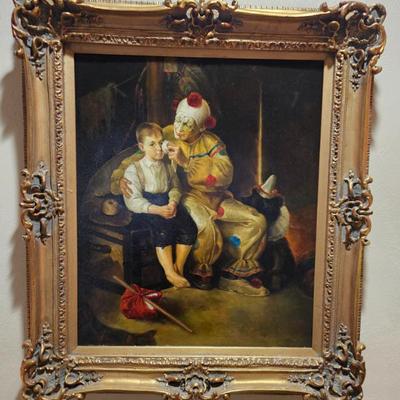 Clown with Boy - after Normal Rockwell - Oil on Canvas with ornate gold frame