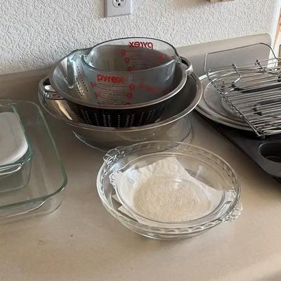 Let’s Bake! Large Pyrex, Baking Pans, Glass Baking Dishes, Muffin Pan, Strainer, Etc