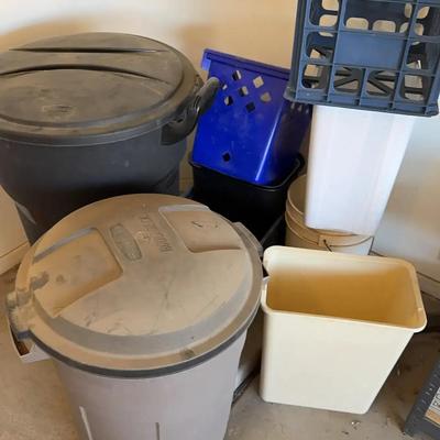 Various Yard Trash Bins, 2 Large Rubbermaid Garbage Cans, Milk Crates, Buckets