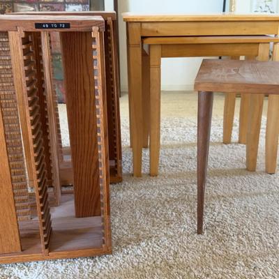 3 Honey Wood Nesting Tables, Side Table & 2 Spinning CD Racks