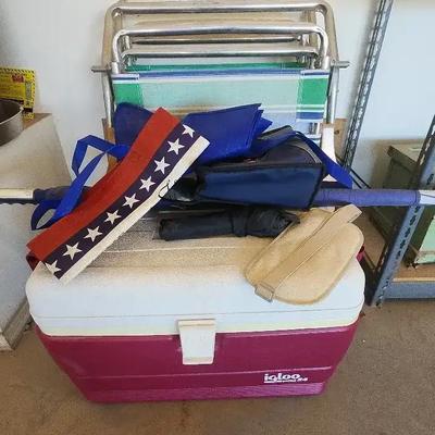 Fun Outdoors - (2) Beach Chairs, Igloo Cooler with Insert Accessories, Umbrellas and Bags