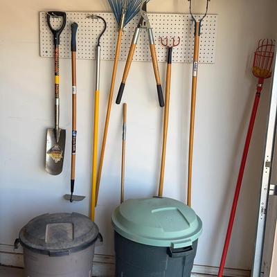 Yard Tools And 2 Rubbermaid Trash Bins - Rake, Clippers, Shovel, Etc