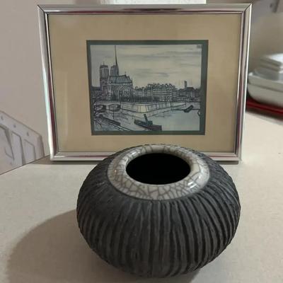 Small Grey Craftsman Pottery Bowl & Tiny Paris View Framed Art Print
