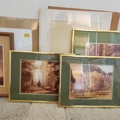 Framed Photographs Set, Gold Frames, Tropical, Palms, Trees, Wooden Clock, Mats, & More