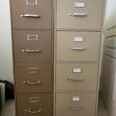Pair Of Metal Locking With Key Tall Filing Cabinets, Tan & Brown - Lots of Storage