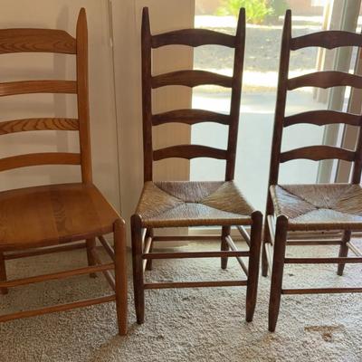 3 Ladder Back Side Wooden Chairs - 2 Matching with Woven Seats