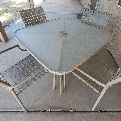 Outdoor Dining Set, 4 Chairs & Table, Cream Color, Metal & Glass