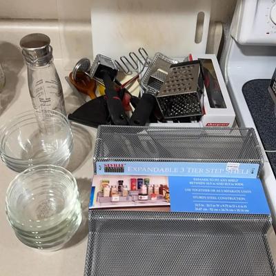 Kitchen Items - Spice Tier Shelves, Mini Graters, Knives, Cutting Boards, Glass Prep Bowls, Etc