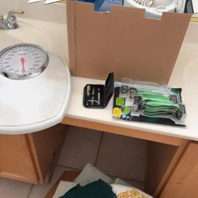 Bathroom Necessities - Homedics Scale, Holmes Humidifier, Razors, Nail Kit & Green & Blue Towels